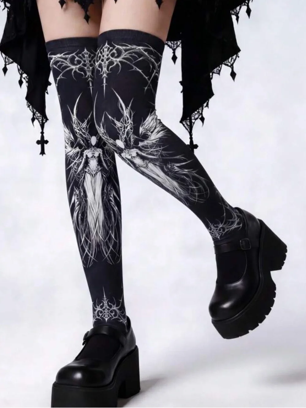 Gothic Angel Graphic Over-the-Knee Tights - Black/White